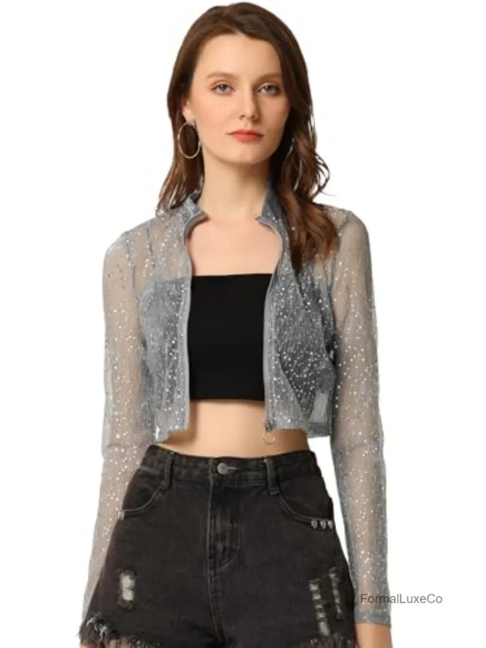 Sheer Mesh Glitter Crop Bomber Jacket Zip Up Rave Clubwear Party Top